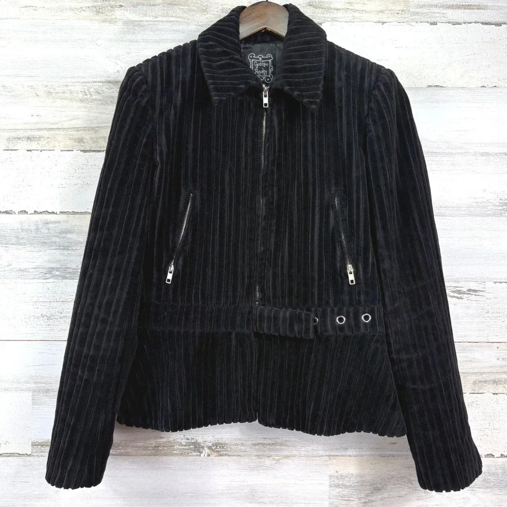 Cynthia Rowley Y2K Corduroy Peplum Jacket 6 Black Zip Up Belted Whimsigoth Goth